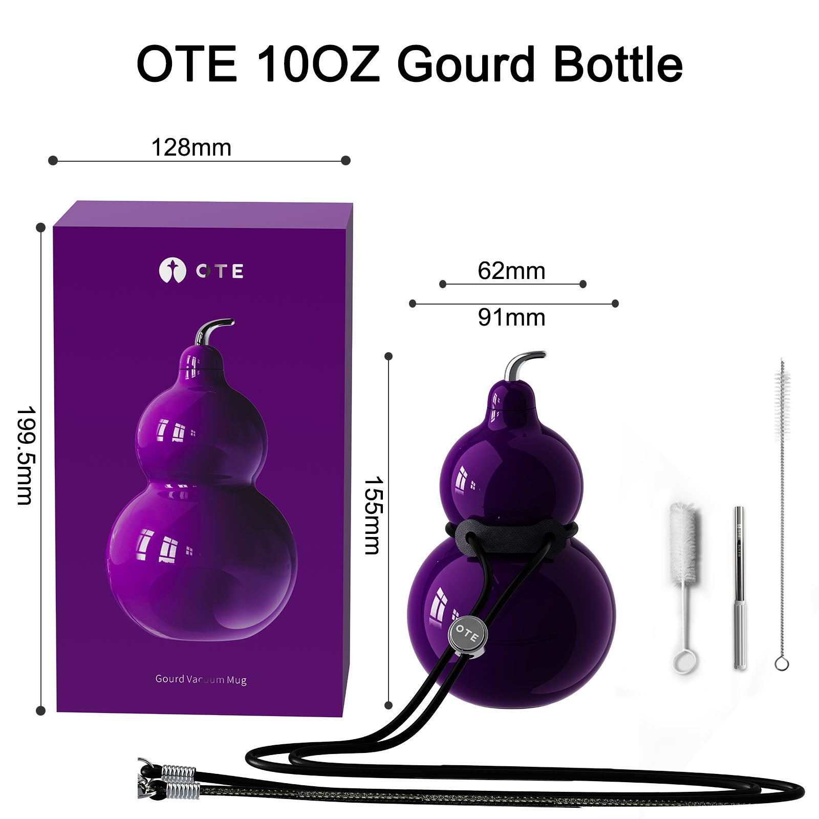 OTE Kalebasfles van roestvrij staal, metalen kalebaswaterfles met schouderband, draagbare en duurzame kalebassportwaterfles voor sportschool, reizen en dagelijks gebruik, 300 ml
