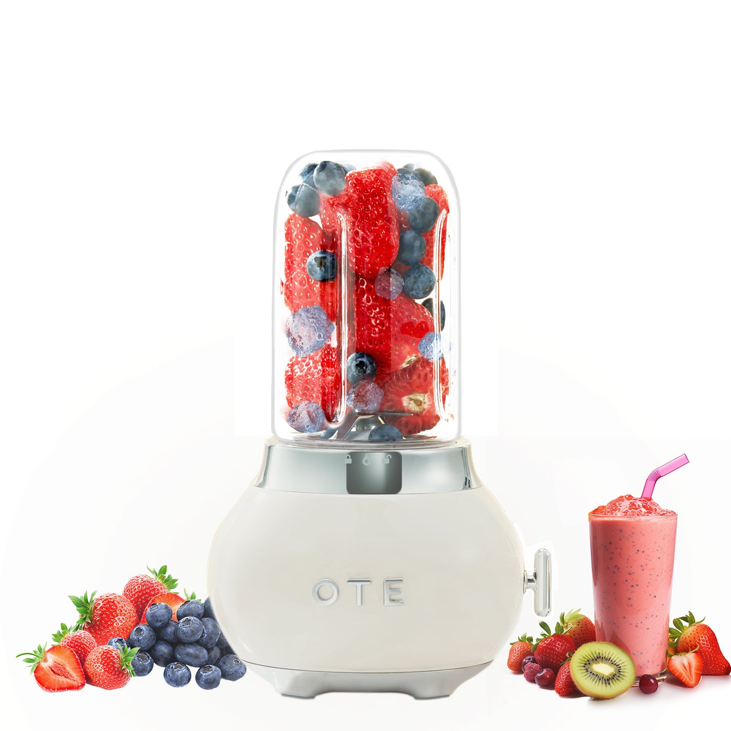 OTE Smoothie maker blender, Retro Kitchen Kleine glazen blender voor shakes en smoothies, met 400ml glas