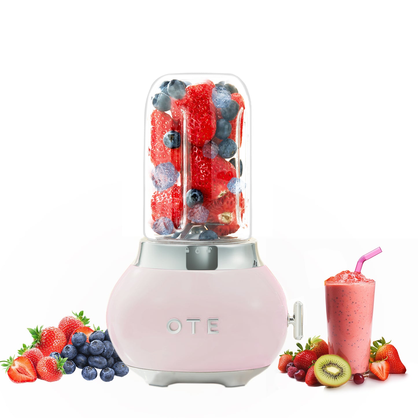 OTE Smoothie maker blender, Retro Kitchen Kleine glazen blender voor shakes en smoothies, met 400ml glas