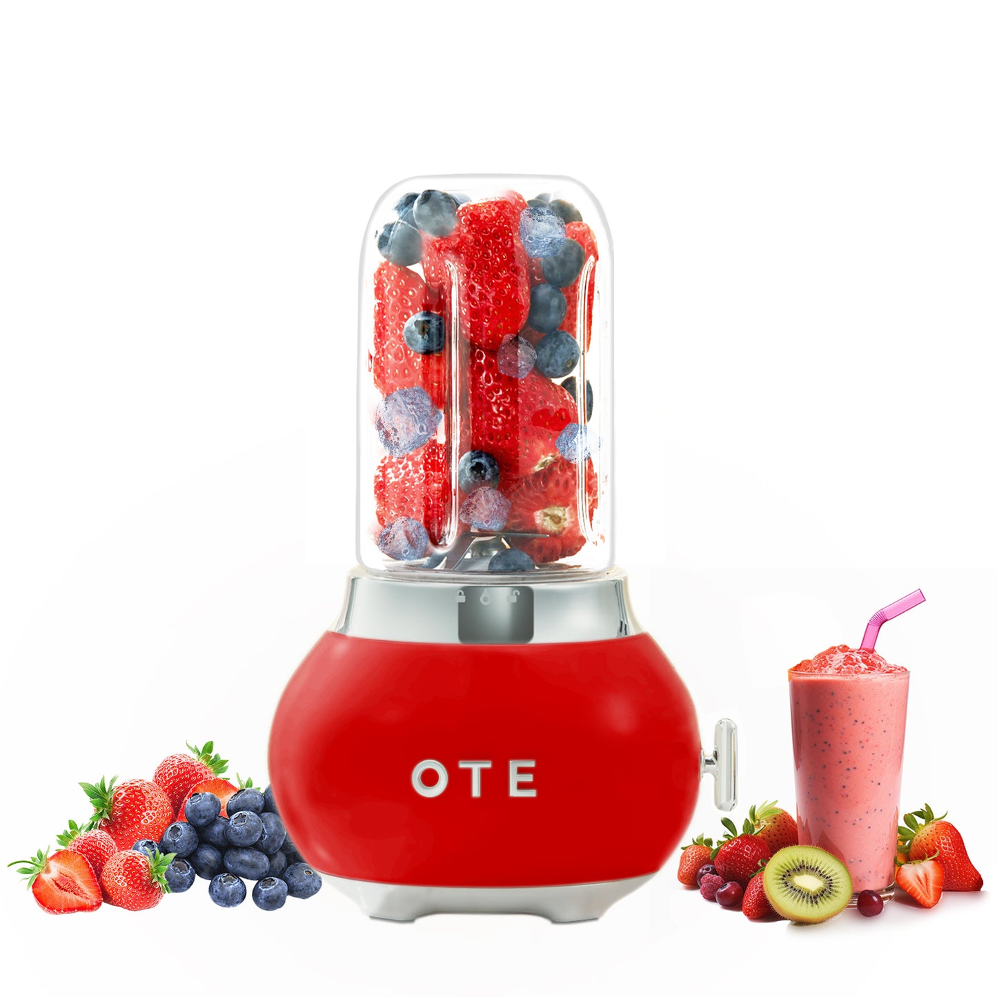 OTE Smoothie maker blender, Retro Kitchen Kleine glazen blender voor shakes en smoothies, met 400ml glas