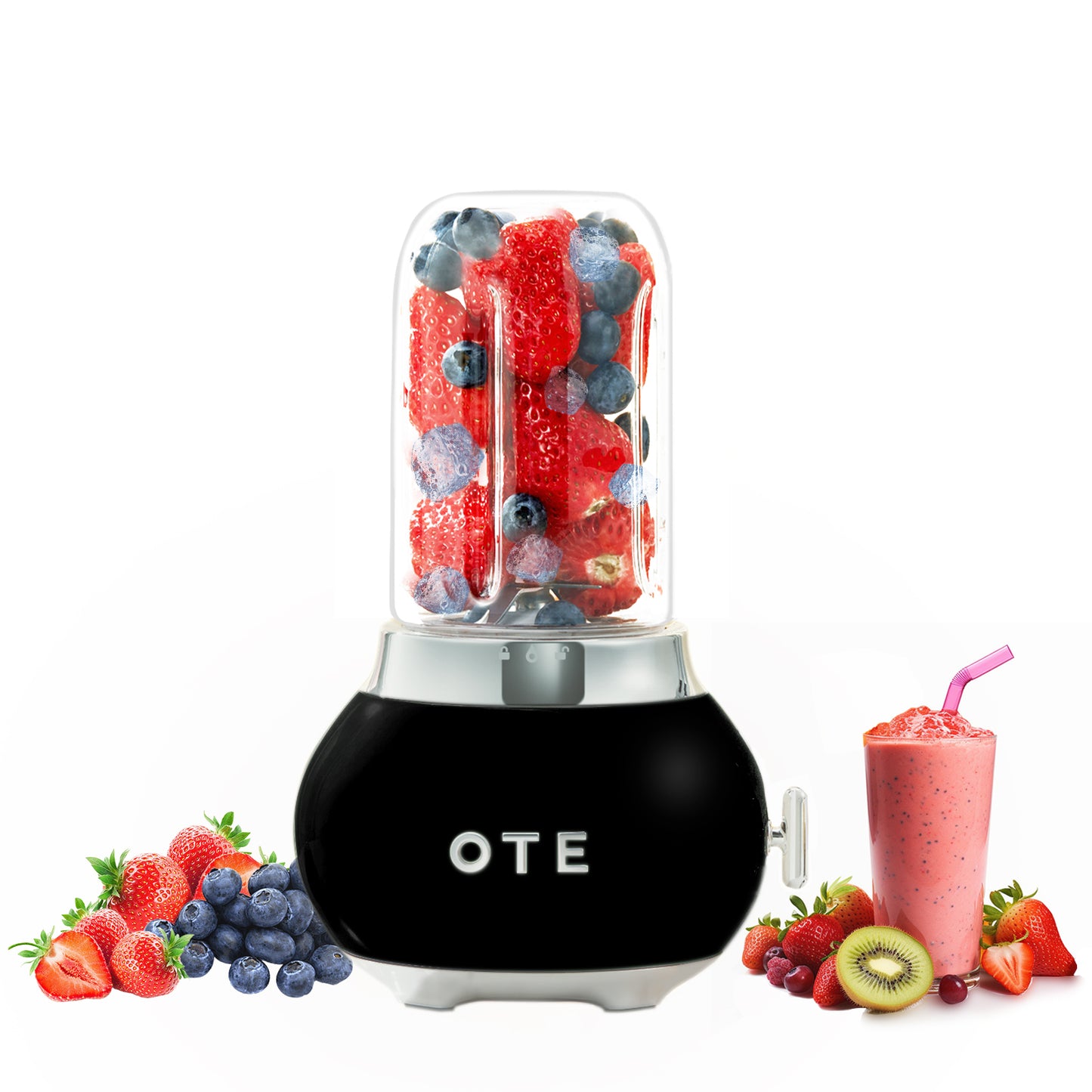 OTE Smoothie maker blender, Retro Kitchen Kleine glazen blender voor shakes en smoothies, met 400ml glas